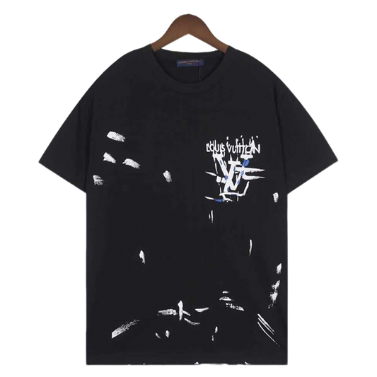 Louis Vuitton Black/White T shirt with Artistic Paint Splatter and Logo Design