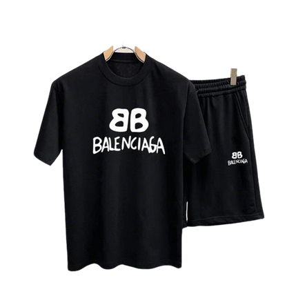 Balenciaga Black T - shirt And Shorts Set With White BB Logo