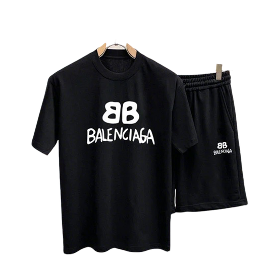 Balenciaga Black T - shirt And Shorts Set With White BB Logo
