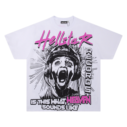 Hellstar White T - Shirt With Headphone Graphic And Is This What Heaven Sounds Like Slogan