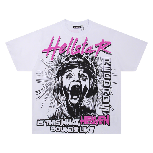 Hellstar White T - Shirt With Headphone Graphic And Is This What Heaven Sounds Like Slogan