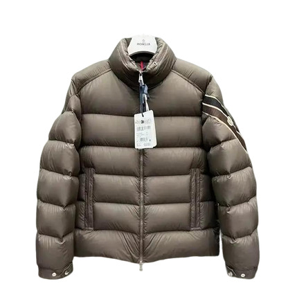 Moncler Men's Brown Quilted Down Jacket With Stand Collar And Sleeve Stripes