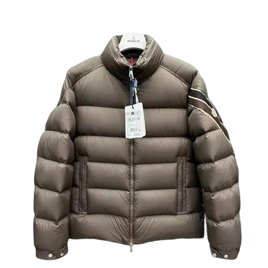 Moncler Men's Brown Quilted Down Jacket With Stand Collar And Sleeve Stripes