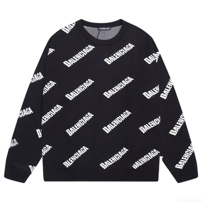 Balenciaga Black Crew Neck Sweater With All - Over Logo Print