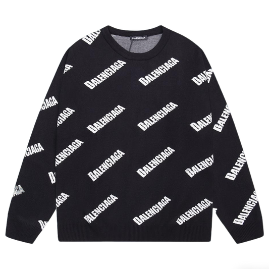 Balenciaga Black Crew Neck Sweater With All - Over Logo Print