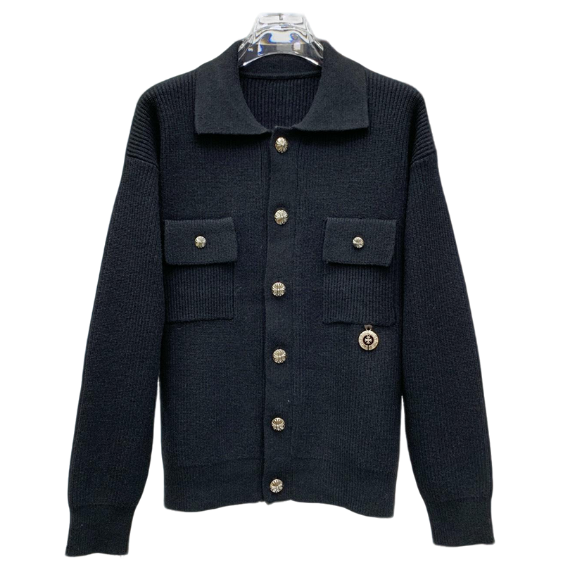 Chrome Hearts Inspired Black Knit Cardigan With Gold Button And Pocket Details
