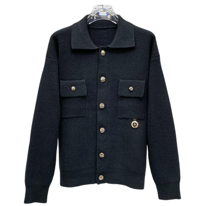 Chrome Hearts Inspired Black Knit Cardigan With Gold Button And Pocket Details