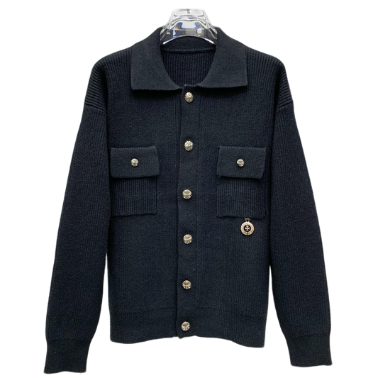 Chrome Hearts Inspired Black Knit Cardigan With Gold Button And Pocket Details