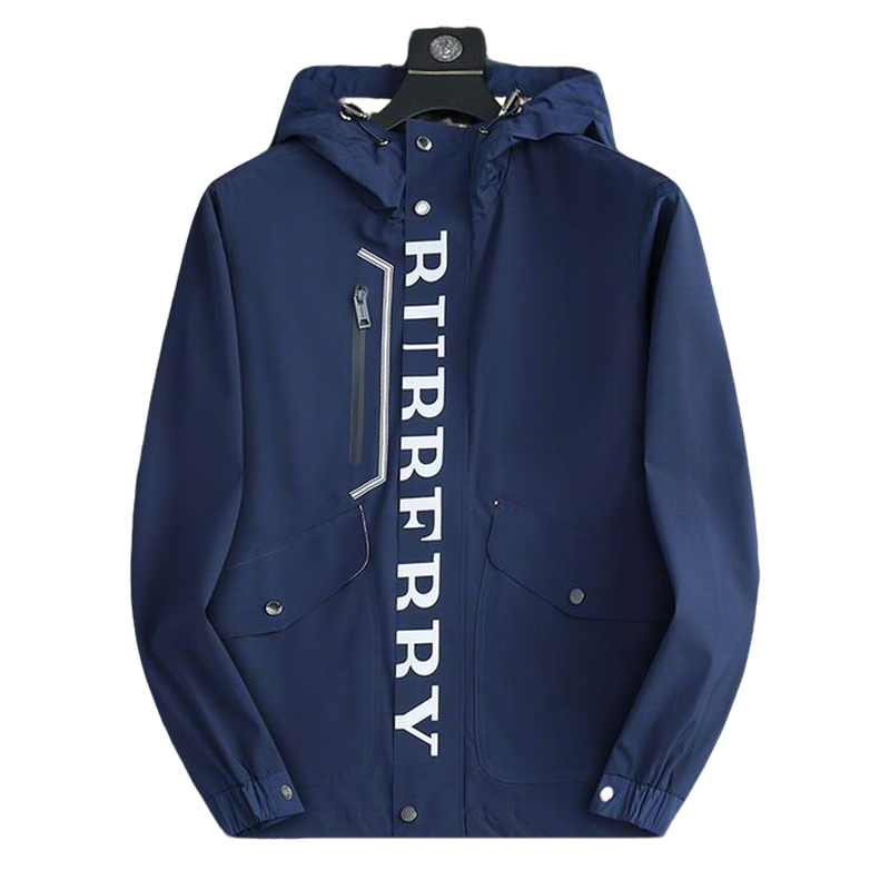 Burberry Blue Hooded Jacket With Bold Brand Lettering