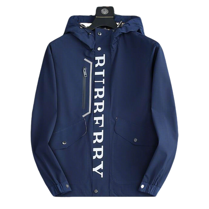 Burberry Blue Hooded Jacket With Bold Brand Lettering