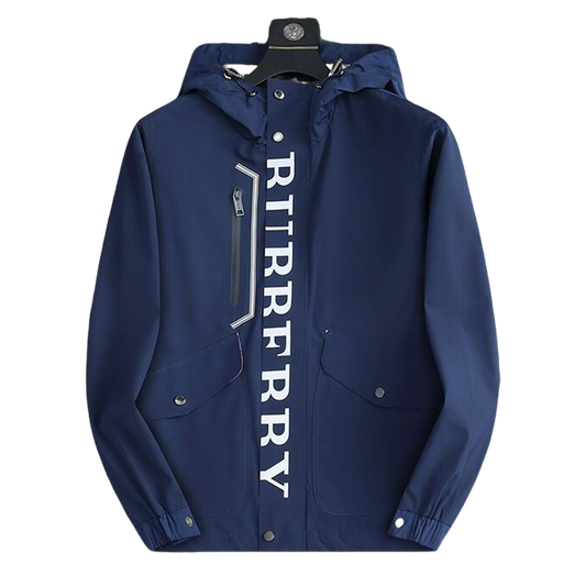 Burberry Blue Hooded Jacket With Bold Brand Lettering