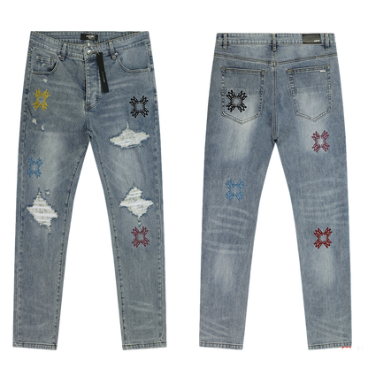 Amiri Light Blue Distressed Jeans With Colorful Embroidered Patterns