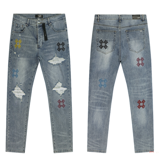 Amiri Light Blue Distressed Jeans With Colorful Embroidered Patterns
