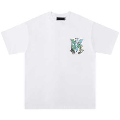 AMIRI White/Black Tee With Colorful Camo Logo For Stylish Streetwear Looks