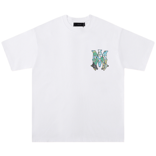 AMIRI White/Black Tee With Colorful Camo Logo For Stylish Streetwear Looks