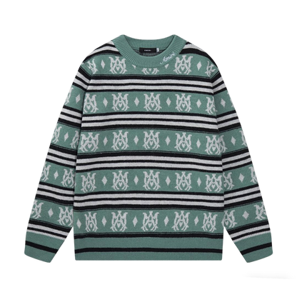 Amiri Men's Green Patterned Crew Neck Knitted Sweater With Brand Elements