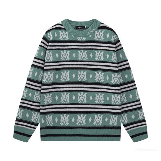 Amiri Men's Green Patterned Crew Neck Knitted Sweater With Brand Elements
