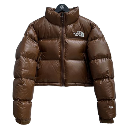 The North Face Brown Glossy Cropped Nuptse Puffer Jacket For Winter Style