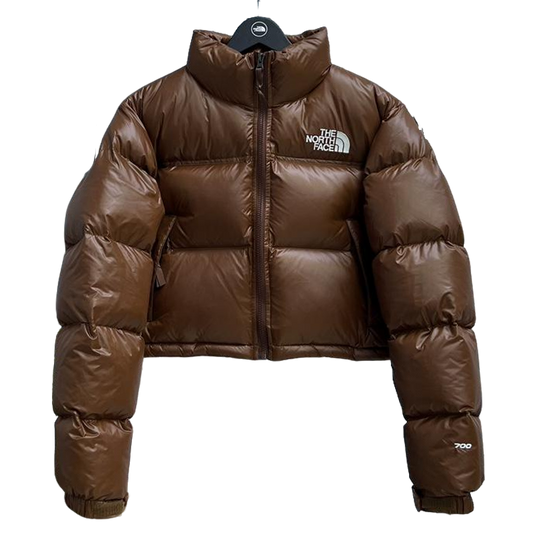 The North Face Brown Glossy Cropped Nuptse Puffer Jacket For Winter Style