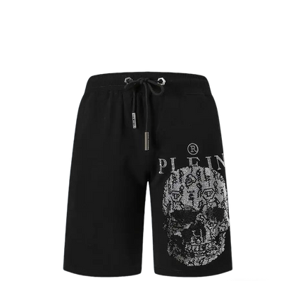 Philipp Plein Men's Black Shorts With Rhinestone Skull Logo