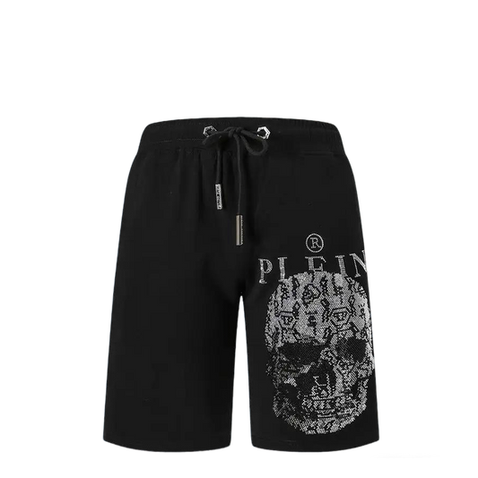 Philipp Plein Men's Black Shorts With Rhinestone Skull Logo