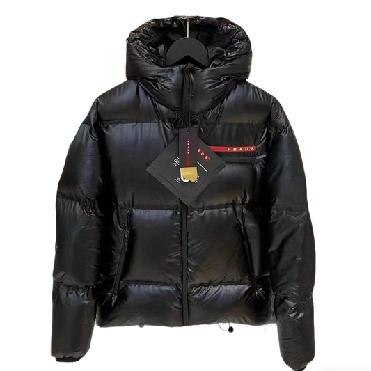 Prada Black Hooded Short Down Jacket With Brand Details