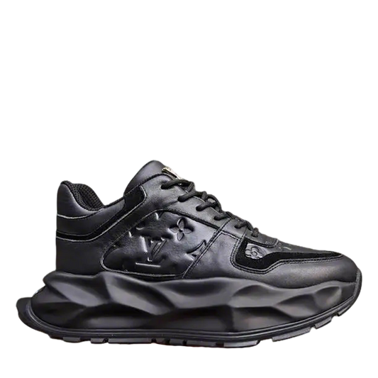 Louis Vuitton Men's Black Leather Sneakers With Unique Textured Sole