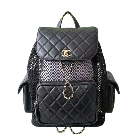 Chanel Black/White Quilted Leather Backpack With Mesh Panels And Gold Tone Chain Details AS5492