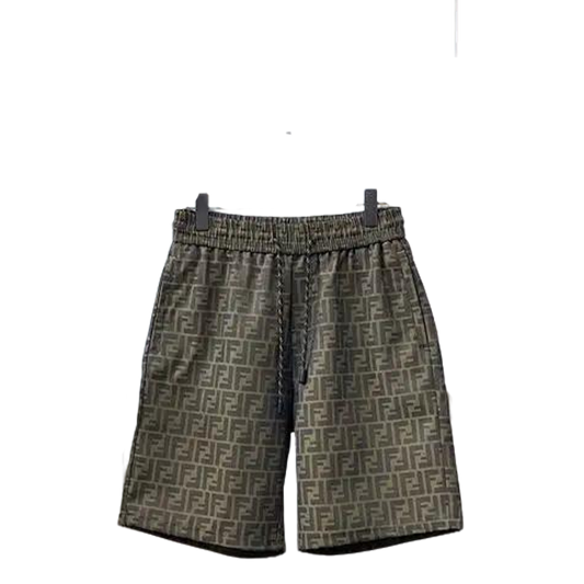 Fendi Men Olive Green FF Logo Print Elastic Waist Casual Shorts