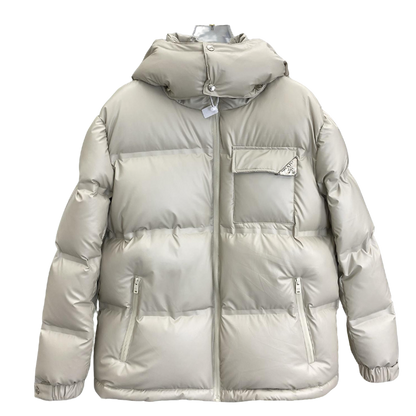 Beige Prada Hooded Puffer Jacket With Logo Pocket