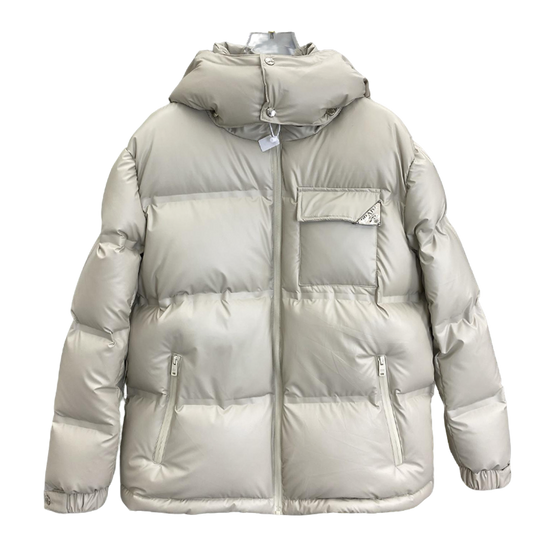 Beige Prada Hooded Puffer Jacket With Logo Pocket
