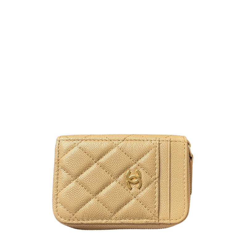 Chanel Beige Caviar Quilted Leather Small Zip Wallet With Gold Tone CC Logo