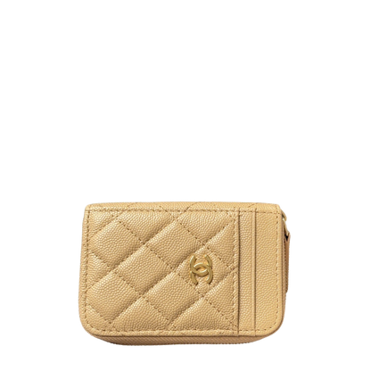 Chanel Beige Caviar Quilted Leather Small Zip Wallet With Gold Tone CC Logo