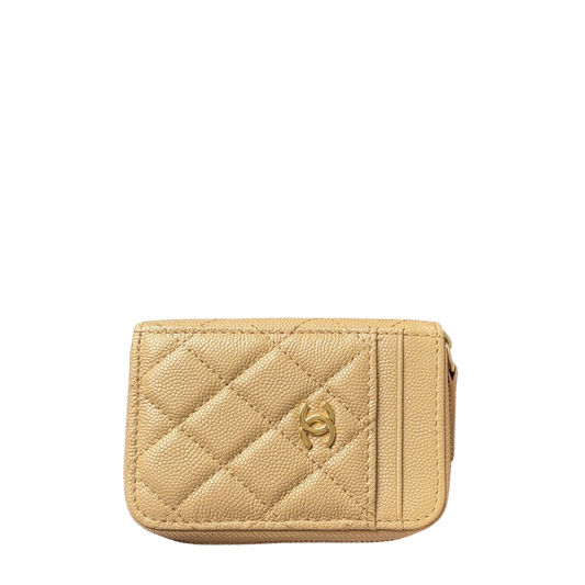 Chanel Beige Caviar Quilted Leather Small Zip Wallet With Gold Tone CC Logo