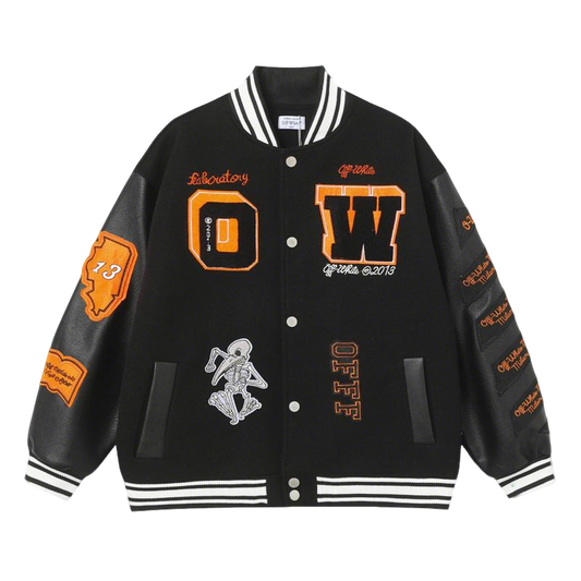 Off-White Black Varsity Jacket With Orange Patches And Leather Sleeves
