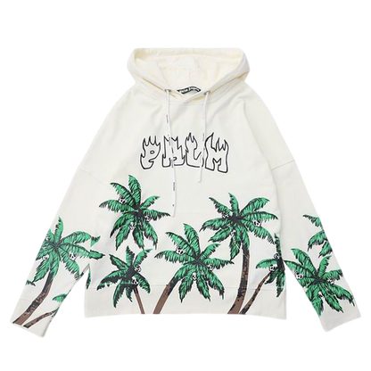 Palm Angels Cream Hoodie with Palm Tree Prints and Flame - styled Palm Lettering