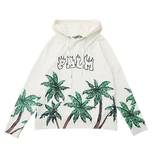 Palm Angels Cream Hoodie with Palm Tree Prints and Flame - styled Palm Lettering