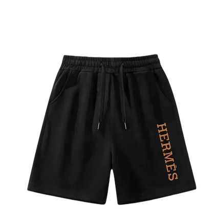 Hermès Men's Black Drawstring Shorts with Orange Brand Print
