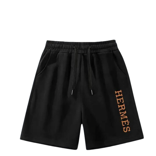 Hermès Men's Black Drawstring Shorts with Orange Brand Print