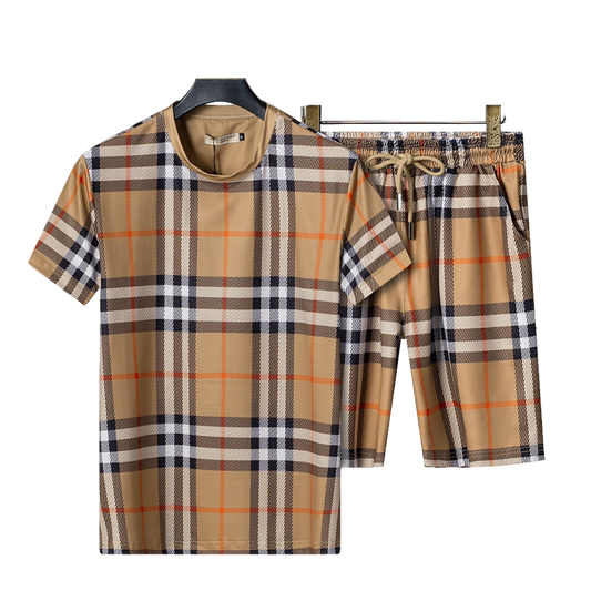 Burberry Men's Beige Plaid Short - Sleeve And Shorts Tracksuit