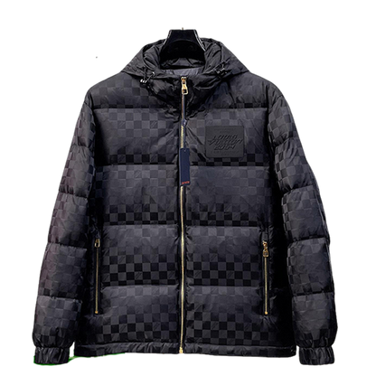 Louis Vuitton Black Checkered Hooded Down Jacket With Brand Patch