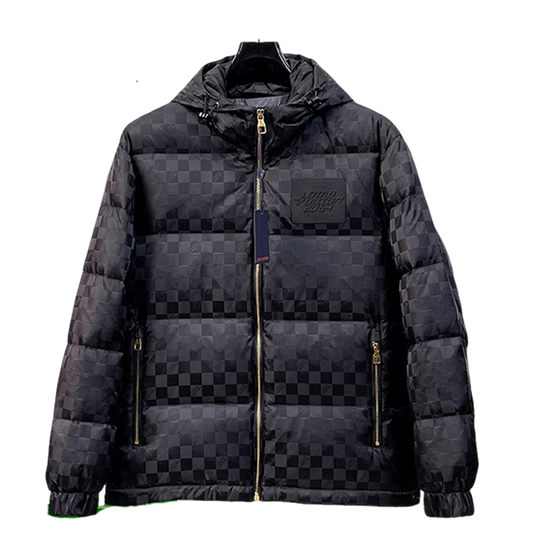 Louis Vuitton Black Checkered Hooded Down Jacket With Brand Patch