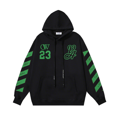 Off - White Black Hoodie With Green Graphics And Oversized Fit For Streetwear Fans