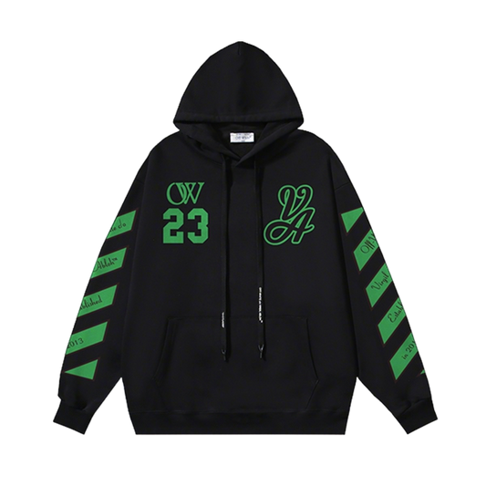 Off - White Black Hoodie With Green Graphics And Oversized Fit For Streetwear Fans