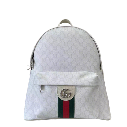 Gucci White GG Supreme Canvas Backpack With Web Stripe And Silver Tone Double G 834466