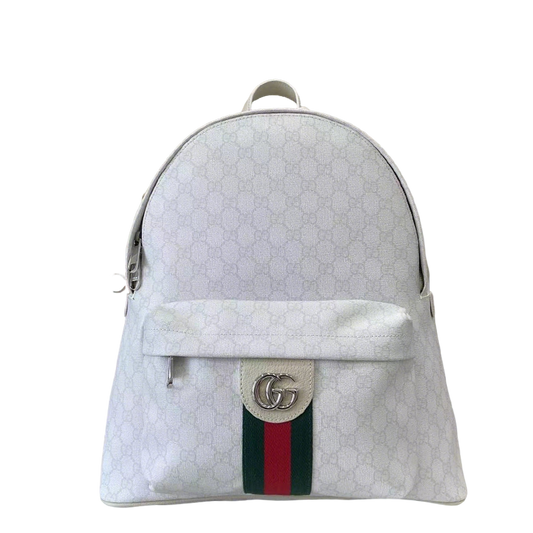 Gucci White GG Supreme Canvas Backpack With Web Stripe And Silver Tone Double G 834466