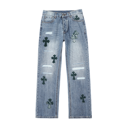 Chrome Hearts Style Light Blue Distressed Jeans With Cross Embellishments