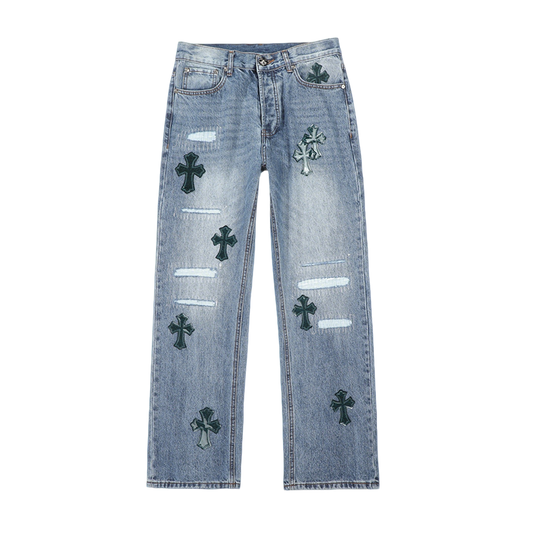 Chrome Hearts Style Light Blue Distressed Jeans With Cross Embellishments