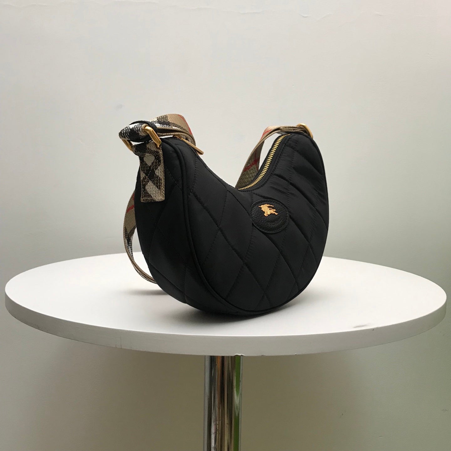 Stylish Black/Red Quilted Burberry Crescent Bag With Checkered Strap And Gold Logo Style No.235