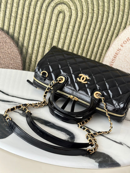 Chanel Maxi Black Patent Leather Quilted Bowling Bag With Gold Hardware And CC Logo 3355